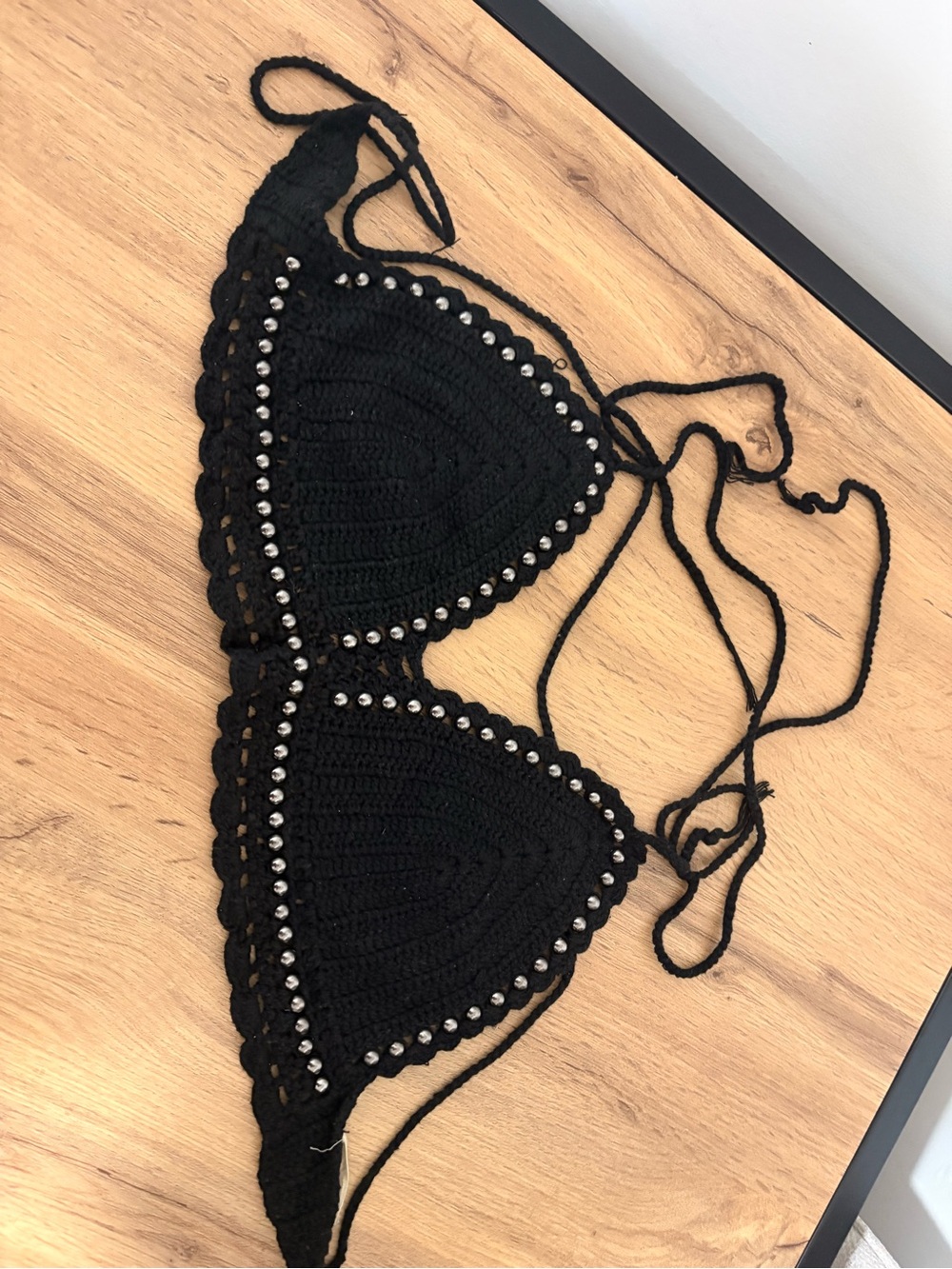 Black Crochet Triangle Crop Top with Silver Stud Accents
